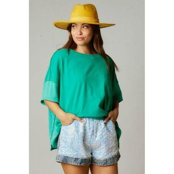 Fantastic Fawn Sequin Color Block Paper Bag Denim Shorts in Denim IFP51932-03 - Picture 6 of 6